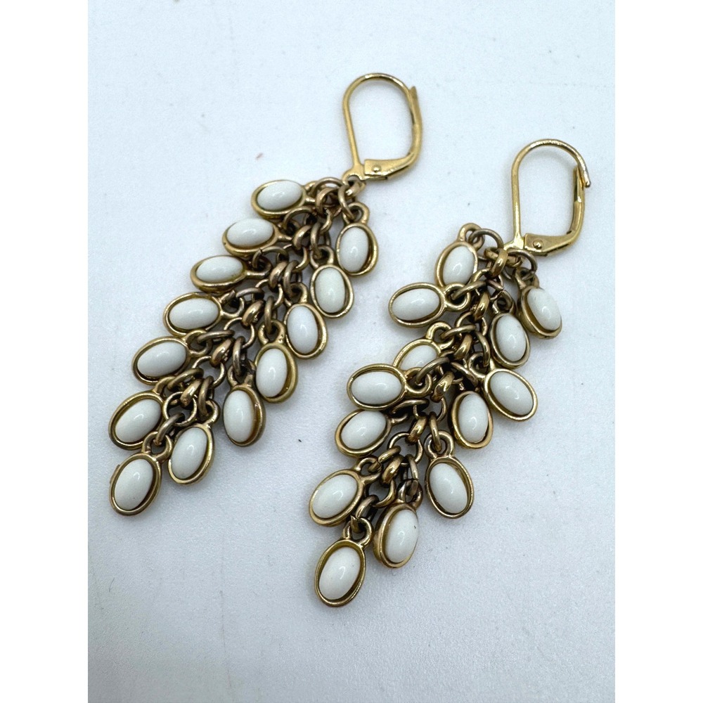 Gold Tone White Oval Cabochon Cluster Dangle Leverback Earrings Statement Drop